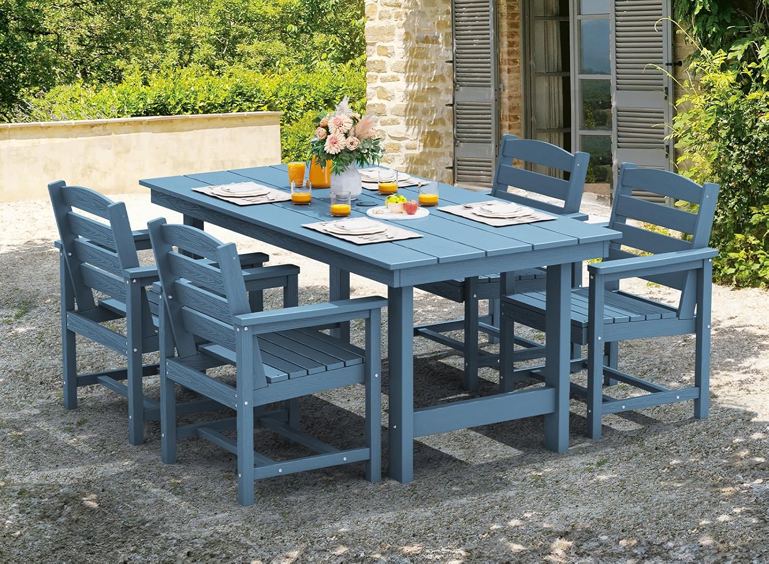 Outdoor HDPE Dining Table Set, 7-Piece Outdoor Dining Table Sets with Umbrella Hole Cut-Out Table and 6 Chairs wourant