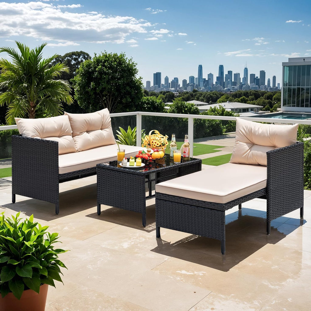 Devoko Outdoor Patio Furniture 3-Piece Rattan Waterproof Outdoor Sectional Sofa All-Weather L Shaped Patio Couch with Cushion Glass Table for Balcony, Garden (Beige) woonhhop