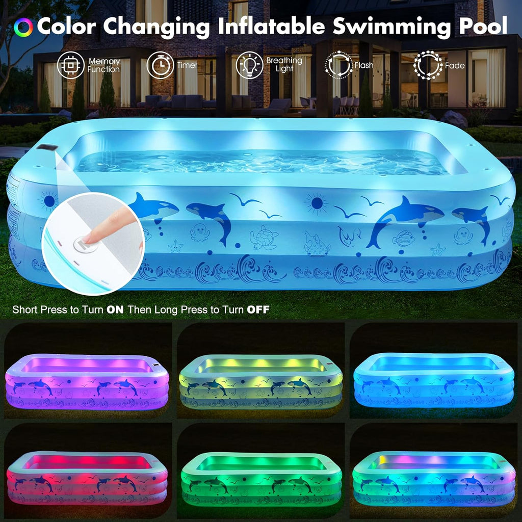 2026 Upgrade Inflatable Pools with Lights, Inflatable Swimming Pools for Adults, Blow Up Pool Solar, Large Pool, Durable Thickened Inflatable Pool for Backyard- Light Blue woonhhop