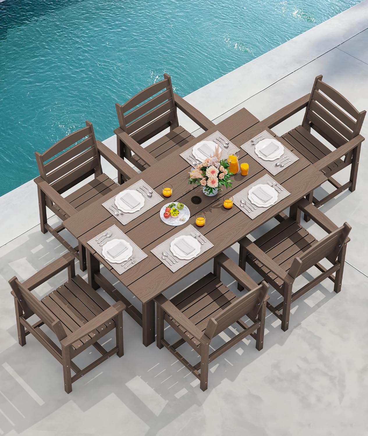 Outdoor HDPE Dining Table Set, 7-Piece Outdoor Dining Table Sets with Umbrella Hole Cut-Out Table and 6 Chairs wourant