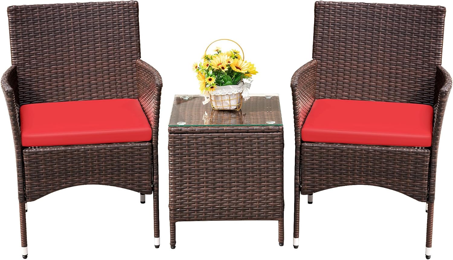 Devoko Patio Porch Furniture Sets 3 Pieces PE Rattan Wicker Chairs with Table Outdoor Garden Furniture Sets (Brown/Beige) wourant