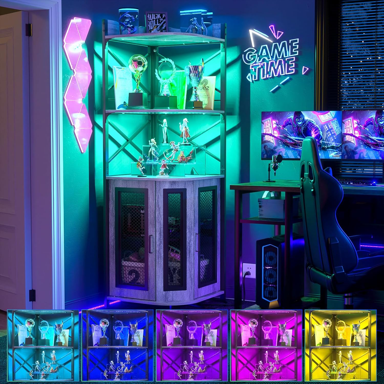 Corner bar cabinet with power socket, industrial style wine cabinet with LED light strip and glass rack, home five-layer wine cabinet bar unit, small space corner display cabinet wourant