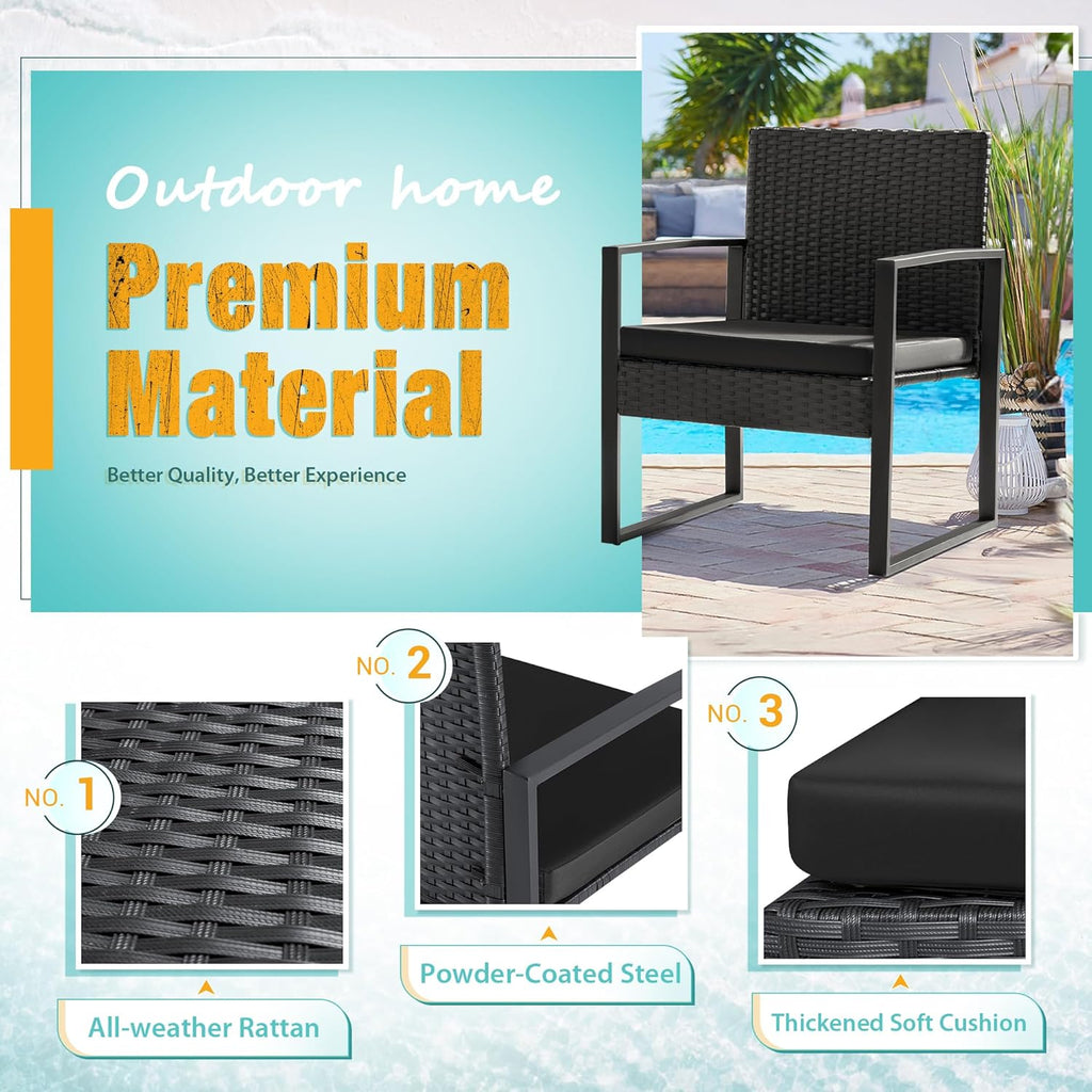 Flamaker 3 Pieces Patio Set Outdoor Wicker Furniture Sets Modern Rattan Chair Conversation Sets with Coffee Table for Yard and Bistro (Black) wourant