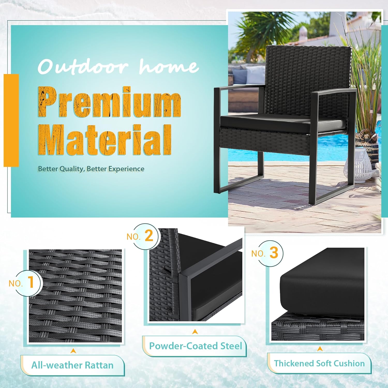 Flamaker 3 Pieces Patio Set Outdoor Wicker Furniture Sets Modern Rattan Chair Conversation Sets with Coffee Table for Yard and Bistro (Black) wourant