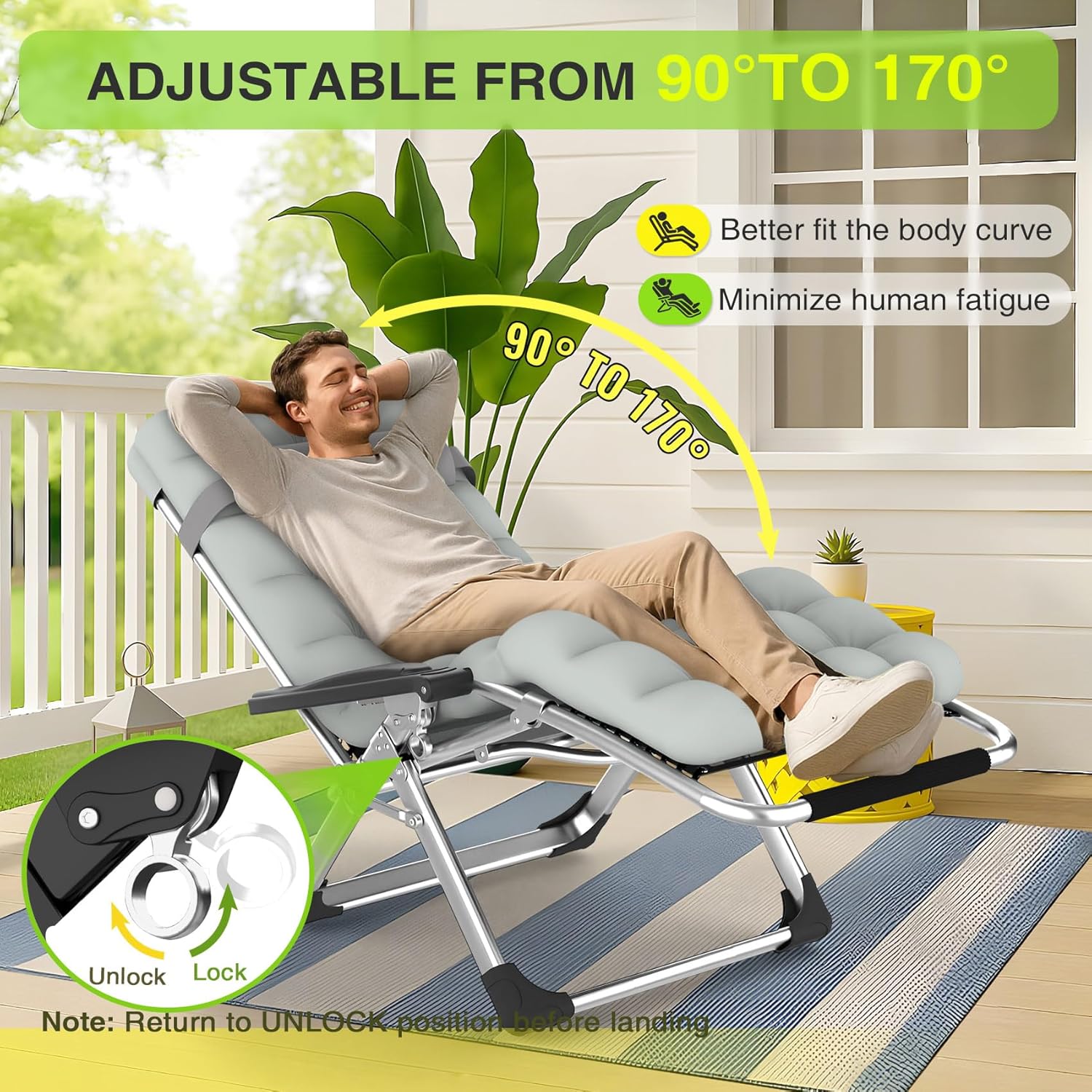 Indoor and outdoor patio chair folding lounge chair zero gravity chair with removable cushion camping lounge chair wourant