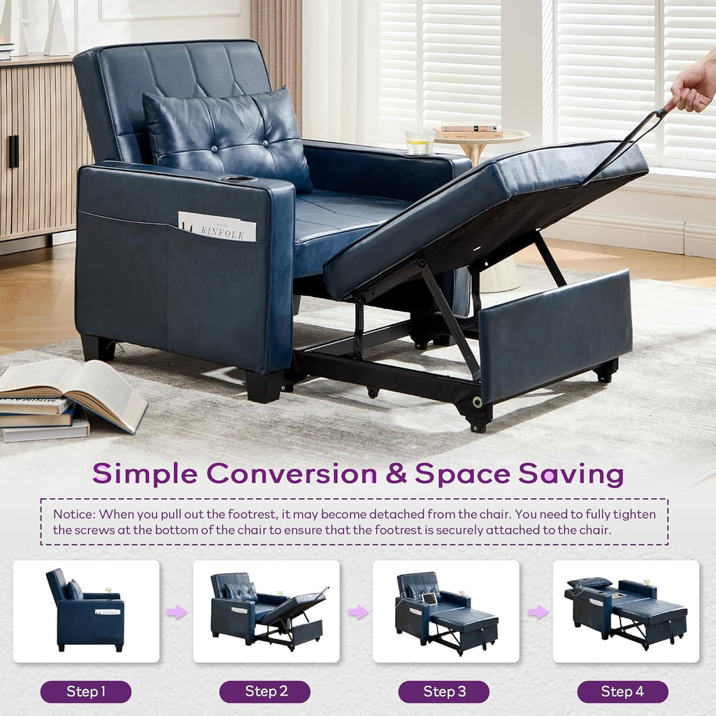 Adult Convertible Sleeper Chair Bed, 3-in-1 Pull-Out Sofa Bed with USB/Type-C Ports, Cup Holders, Side Pockets, Single Sofa wourant