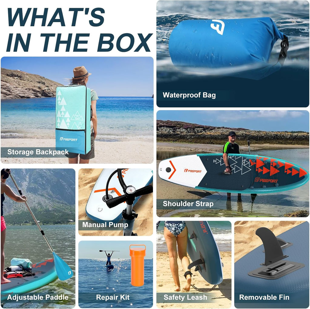 FBSPORT 11' Premium Stand Up Paddle Board, Yoga Board with Durable SUP Accessories & Carry Bag | Wide Stance, Surf Control, Non-Slip Deck, Leash, Paddle and Pump for Youth & Adult wourant
