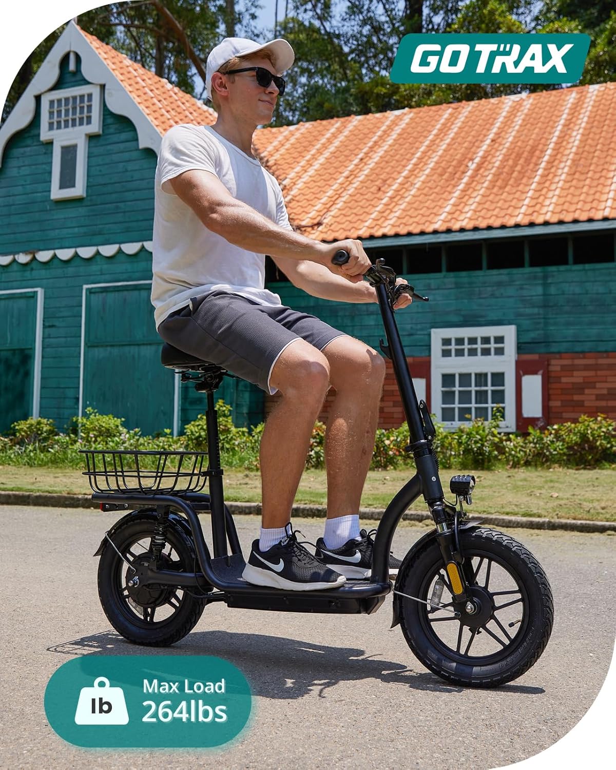 Gotrax adult electric scooter with seat, maximum range of 19-25 miles, all-terrain tires, wide pedals, padded seat, and carrycot wourant