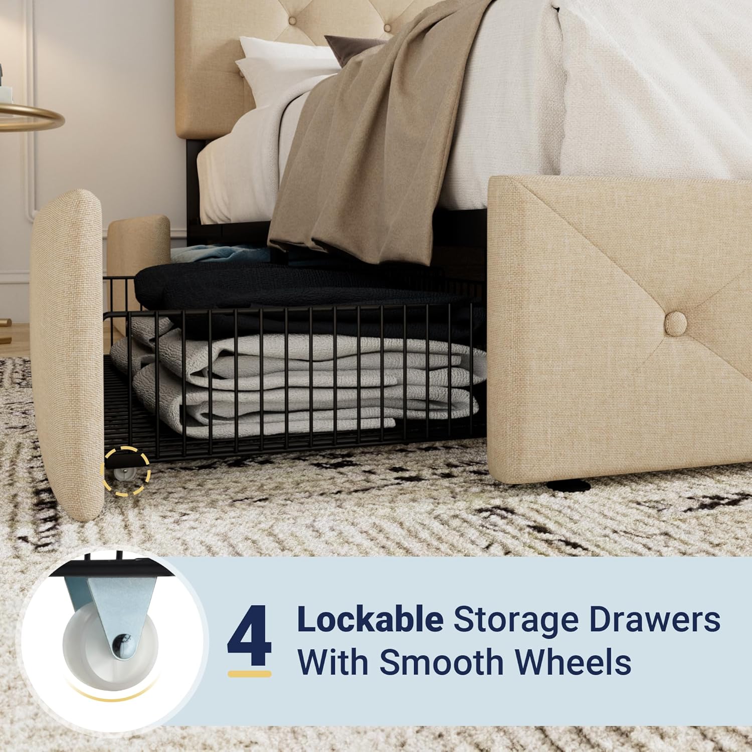 Allewie Upholstered Queen Size Platform Bed Frame with 4 Storage Drawers and Headboard wourant