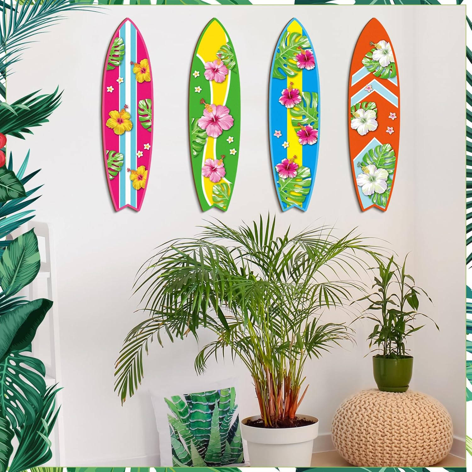 Blulu 4 Pcs Surfboard Wall Decor Surfboard Wall Hanging Sign Wooden Beach Decoration Summer Theme Decor Hawaiian Luau Party Decoration for Home Bar Aloha Tropical Birthday Party(Tiki) wourant
