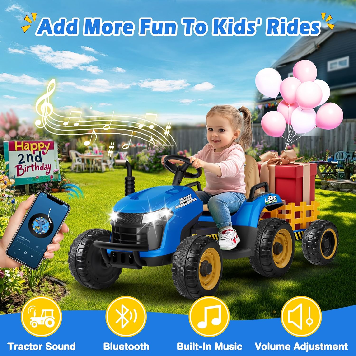 24V Ride On Tractor w/Tiltable & Detachable Trailer, 2x65W Motors, EVA Tires, Remote Control, Bluetooth, Shifter, Music, Electric Car for Kids, Green wourant