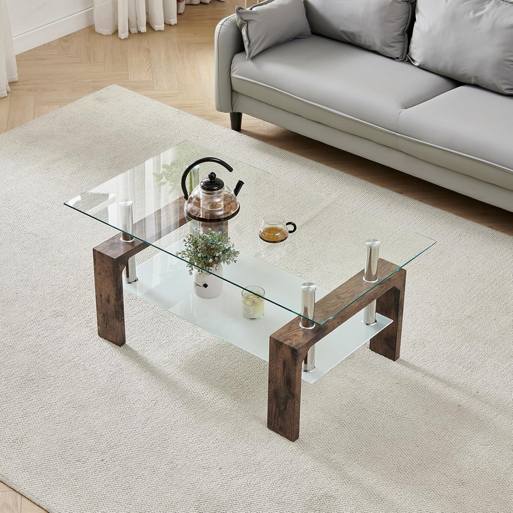 Living Room Rectangle Coffee Table, Tea Table Suitable for Waiting Room, Modern Side Coffee Table with Wooden Leg, Glass Tabletop wourant