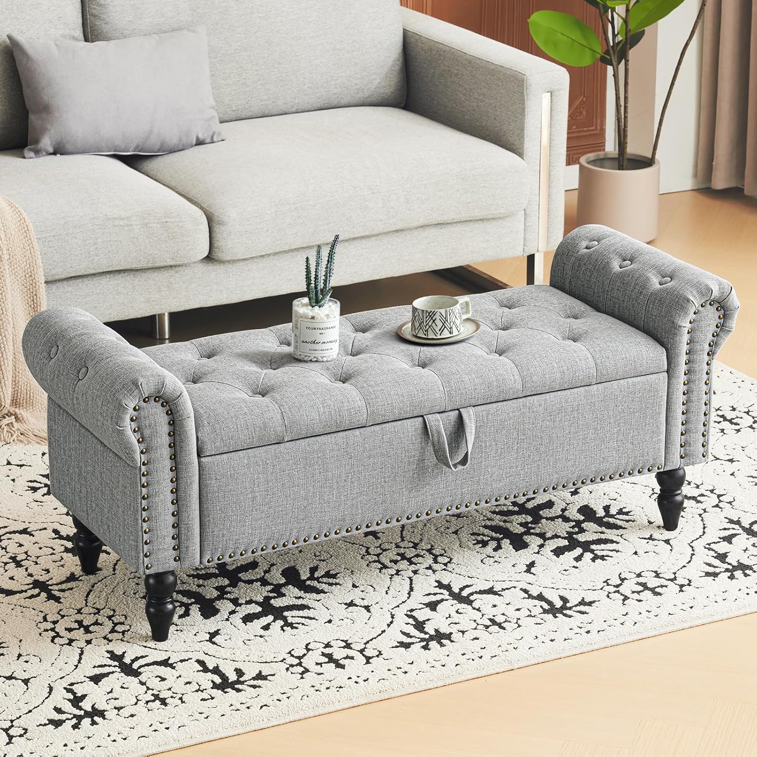 Furniliving Modern Storage Ottoman Bench, Sherpa Ottoman End of Bed Bench with Solid Wood Legs Upholstered Ottoman Benches with Storage Indoor Bench wourant