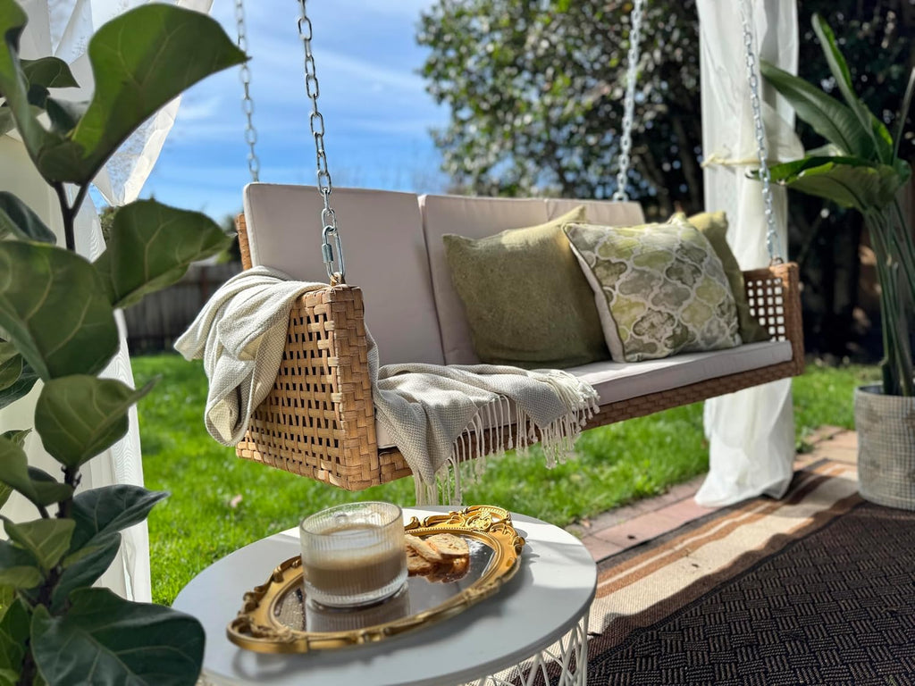 YITAHOME Hanging Porch Swing Chair Sits 3 People, Wicker Outdoor Swing Bench, Patio Lounge Chair, 1 Seating Cushion and 3 Back Cushions, w/Removable Covers, for Garden, Balcony, Backyard, Brown wourant