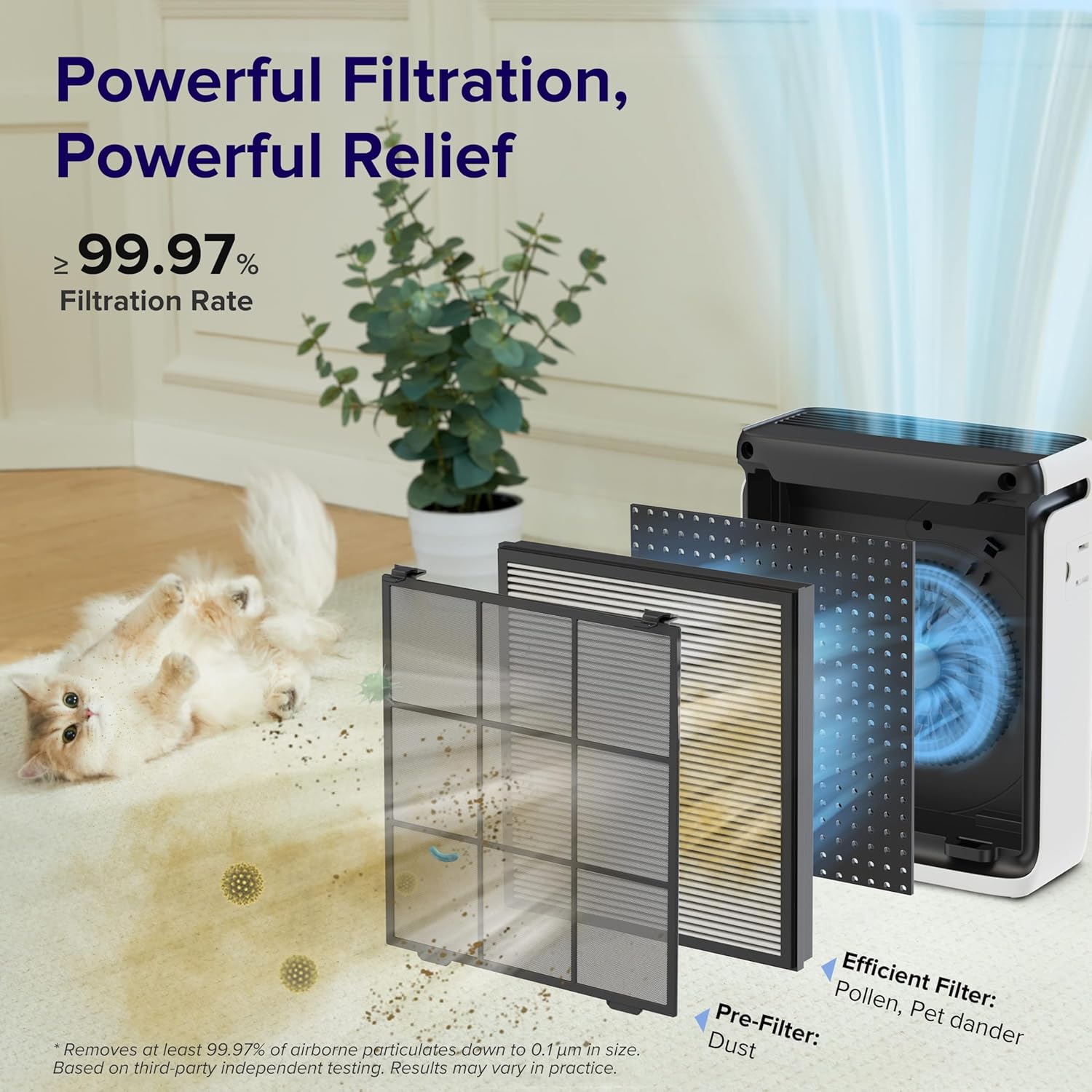 Large-room air purifier for home use with air quality monitor, washable pre-filter, and pet-friendly wourant
