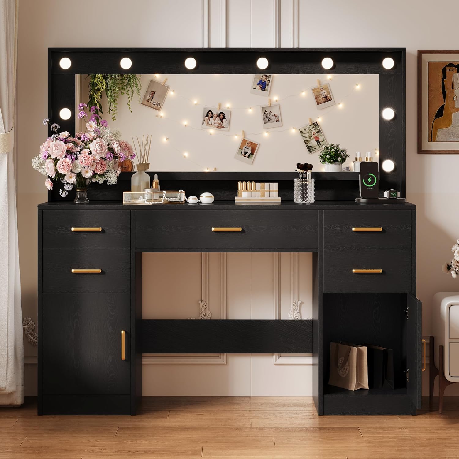 Black Vanity Desk with Mirror, Lights & Charging Station, 58.3" 3 Lighting Modes wourant