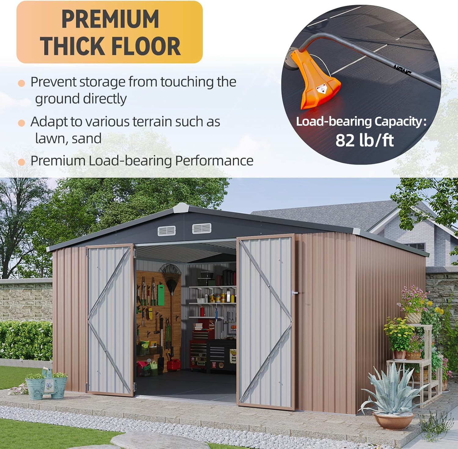 Aoxun 12x10 FT Shed Metal Outdoor Waterproof Storage Shed Steel Utility Garden Tool Shed with Door & Lock Outdoor Storage for Garden Patio Lawn Poolside, Brown wourant
