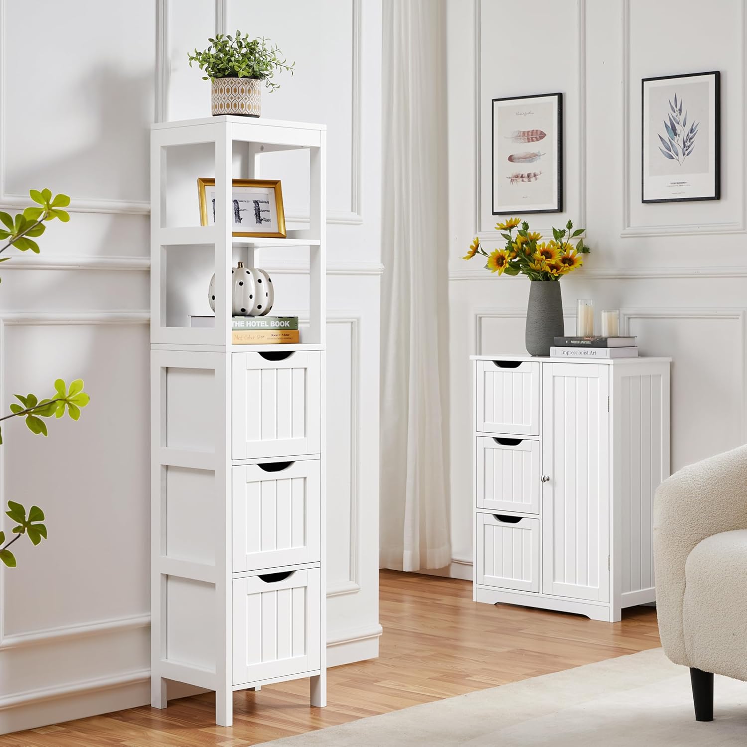 Yaheetech Bathroom Floor Cabinet, Wooden Storage Cabinet with 2 Drawers, Multifunctional Side Organizer Rack Stand Table, White wourant