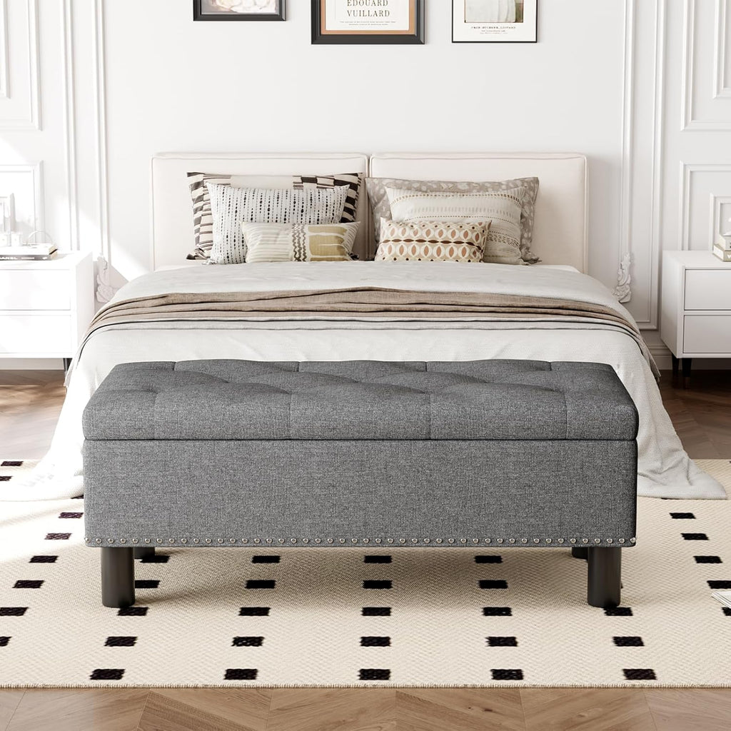 Furniliving Modern Storage Ottoman Bench, Sherpa Ottoman End of Bed Bench with Solid Wood Legs Upholstered Ottoman Benches with Storage Indoor Bench wourant
