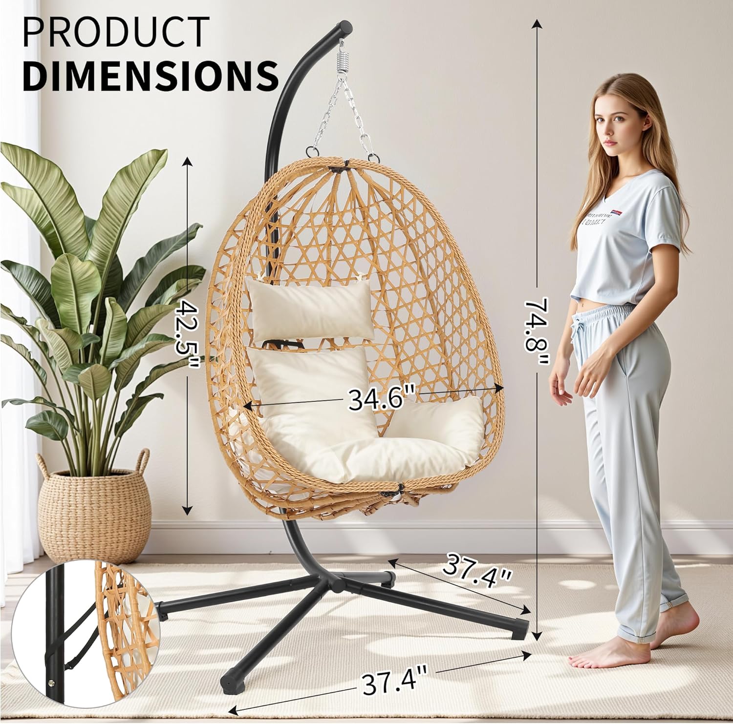 Egg Chair with Stand Patio Wicker Hanging Chair Hammock Swing Chair 350LBS Capacity wourant