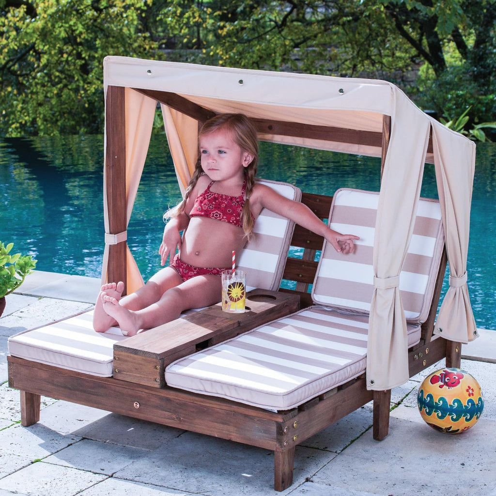 KidKraft Wooden Outdoor Double Chaise Lounge with Cup Holders, Kid's Patio Furniture, Honey with Navy and White Striped Fabric, Gift for Ages 3-8 wourant
