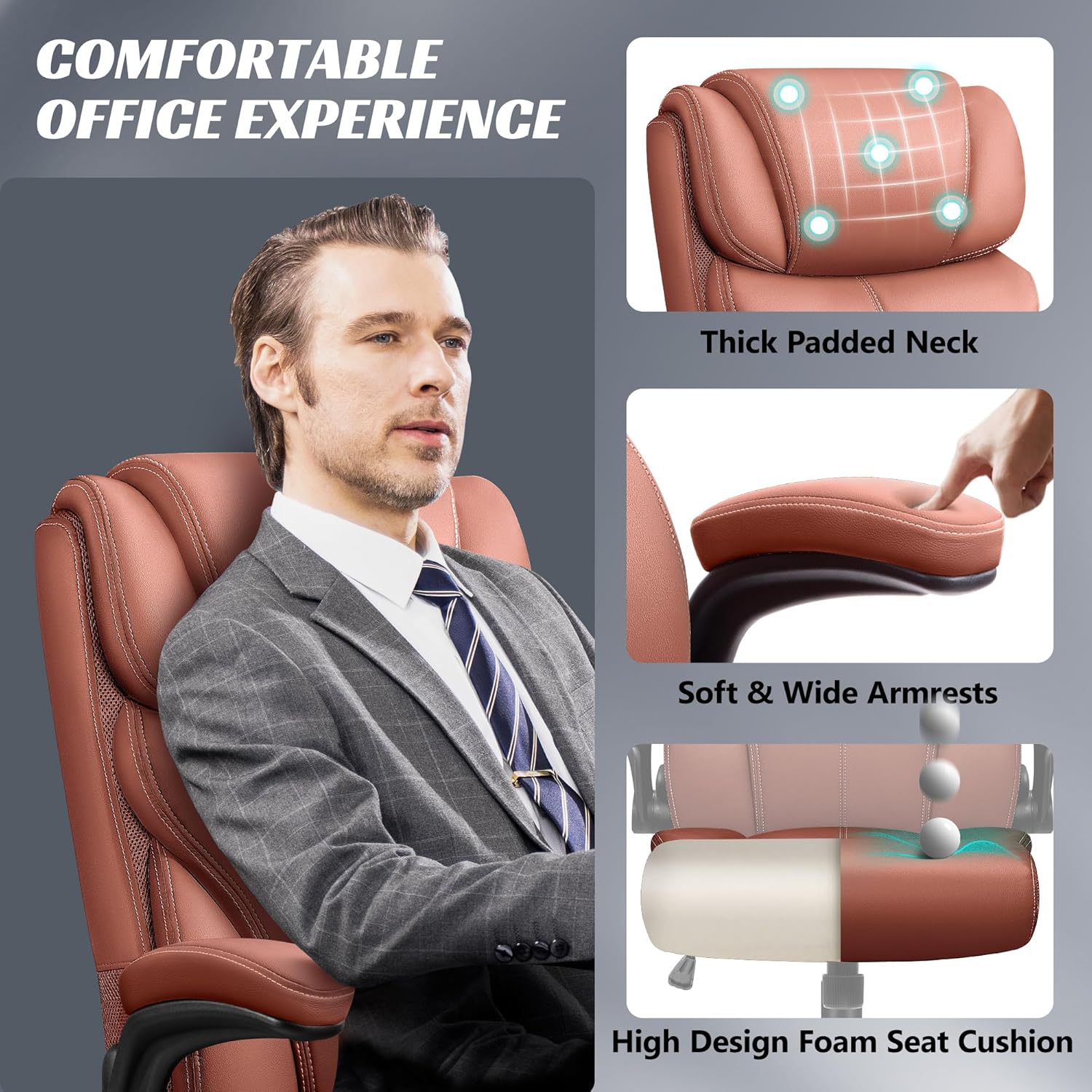 Office Chair Large High-Foot Computer Desk Chair, Breathable Leather Chair Lumbar Support Rotating Computer Chair wourant