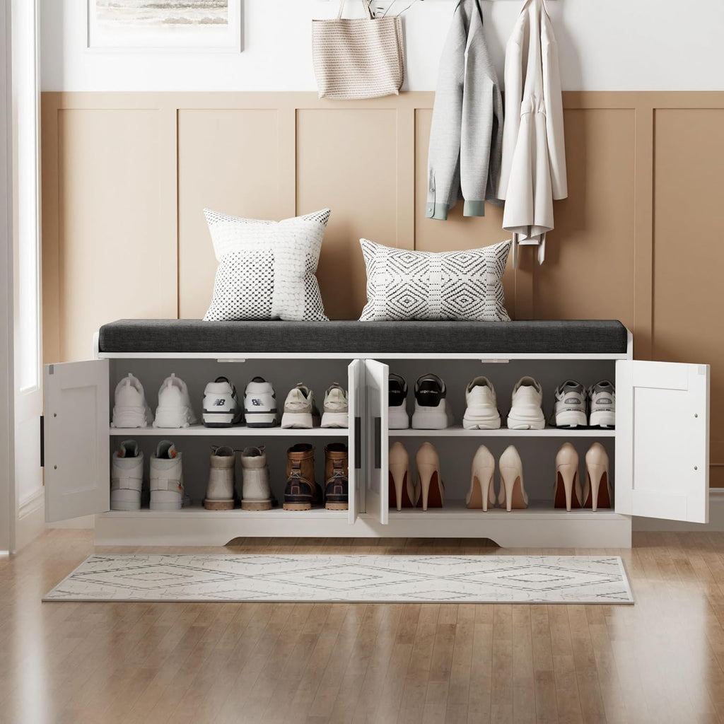 2-Tier Storage Bench, Shoe Bench with Thickened Padded Seat Cushion, Entryway Bench with 4 Doors, Adjustable Shelf, 13.8" D x 45.3" W x 18.5" H, for Entryway, Living Room, Bedroom, White wourant