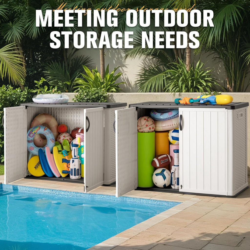 Greesum Outdoor Horizontal Storage Shed 27 Cu.ft Resin Large Storage Box for Garden Patio wourant