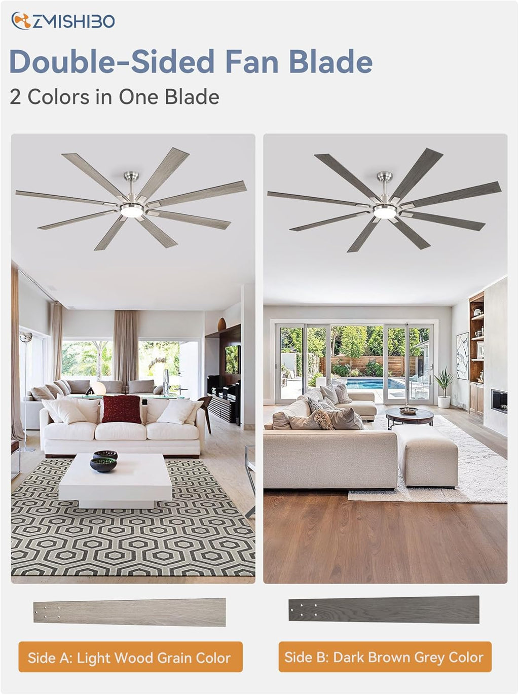 ZMISHIBO 72 inch Large Ceiling Fans with Lights and Remote, Indoor/Outdoor Black Modern Ceiling Fan for Kitchen Living Room Patio, 6 Speed Reversible Quiet DC Motor, 3 CCT, Dual Finish 8 Blades wourant