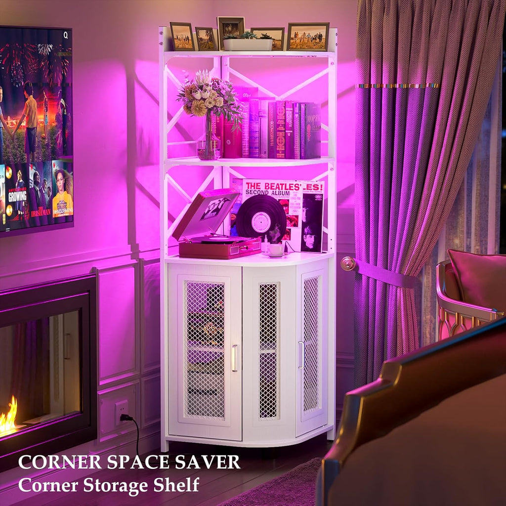 Aheaplus Corner Bar Cabinet with Power Outlet, Industrial Wine Cabinet with LED Strip and Glass Holder, 5-Tiers Liquor Cabinet Bar Unit for Home, Corner Display Cabinet for Small Space, White Oak wourant
