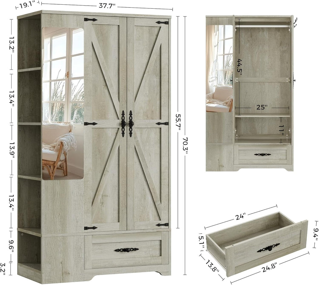 ANCTOR Armoire Wardrobe Closet with Mirror, 70" H Wooden Bedroom Armoires and Wardrobes wourant
