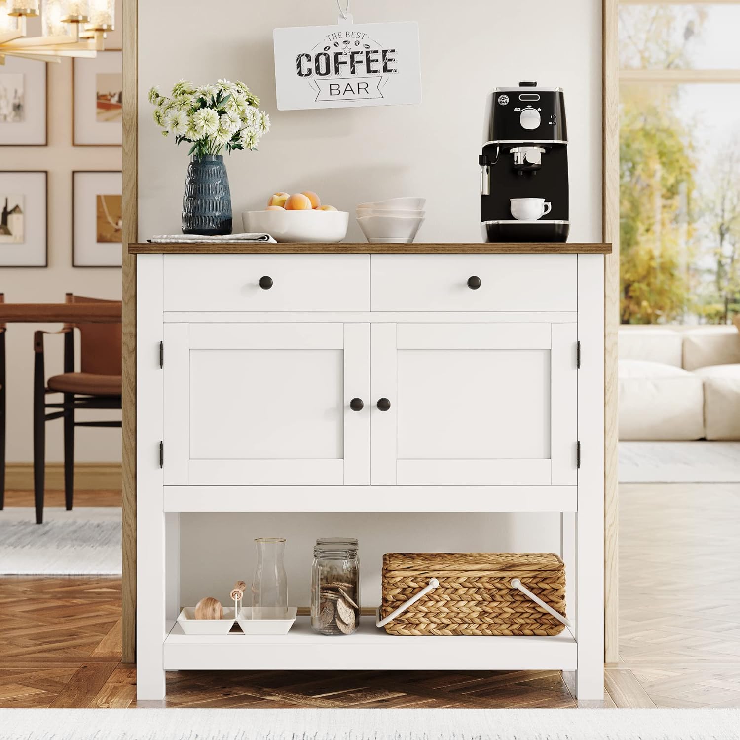 HOSTACK Farmhouse Console Table with 2-Door Cabinet & 2 Drawers, Coffee Bar, Entryway Table with Storage Shelf, Sofa Tables Buffet Sideboard for Kitchen, Hallway, Dining, Living Room, Rustic Brown wourant