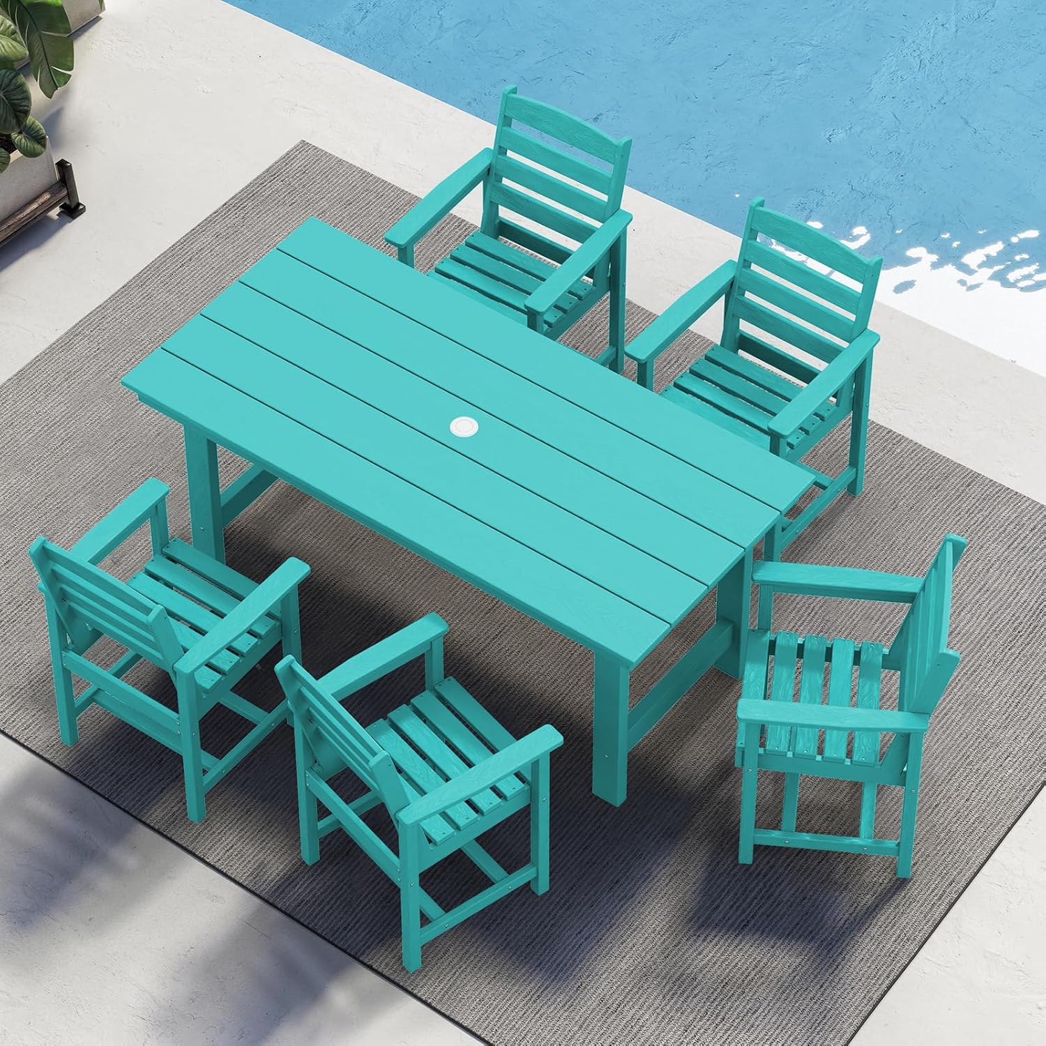 Outdoor HDPE Dining Table Set, 7-Piece Outdoor Dining Table Sets with Umbrella Hole Cut-Out Table and 6 Chairs wourant