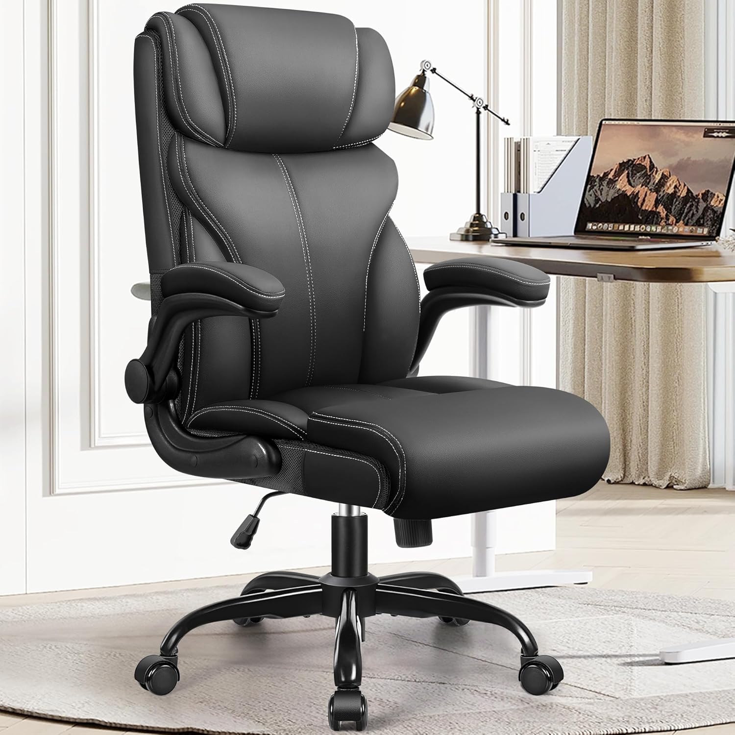 Office Chair Large High-Foot Computer Desk Chair, Breathable Leather Chair Lumbar Support Rotating Computer Chair wourant