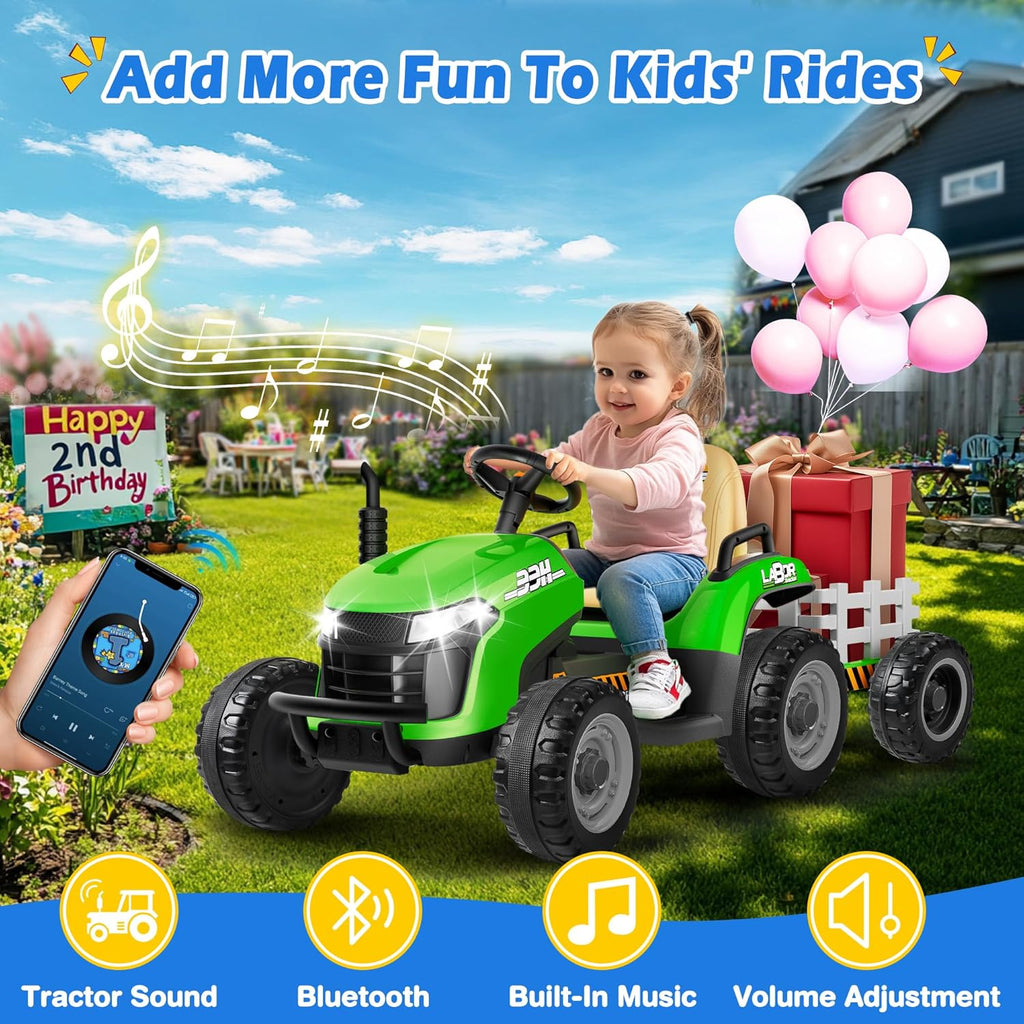 24V Ride On Tractor w/Tiltable & Detachable Trailer, 2x65W Motors, EVA Tires, Remote Control, Bluetooth, Shifter, Music, Electric Car for Kids, Green wourant
