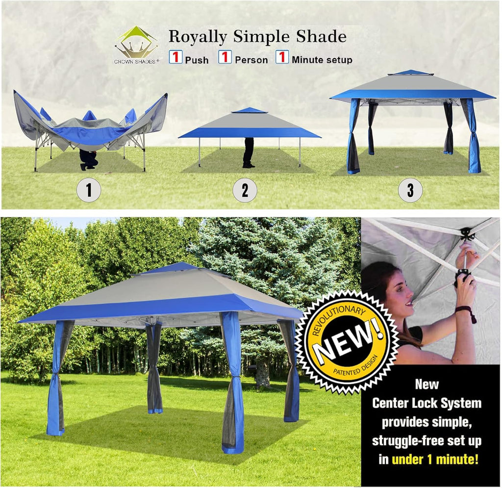CROWN SHADES 13x13 Pop Up Gazebo, Canopy Tent, Gazebos on Clearance - Outdoor Gazebo for Backyard & Patio Furniture - Carpa Pop Up Tent with Wheeled STO-N-Go Cover Bag (White) wourant