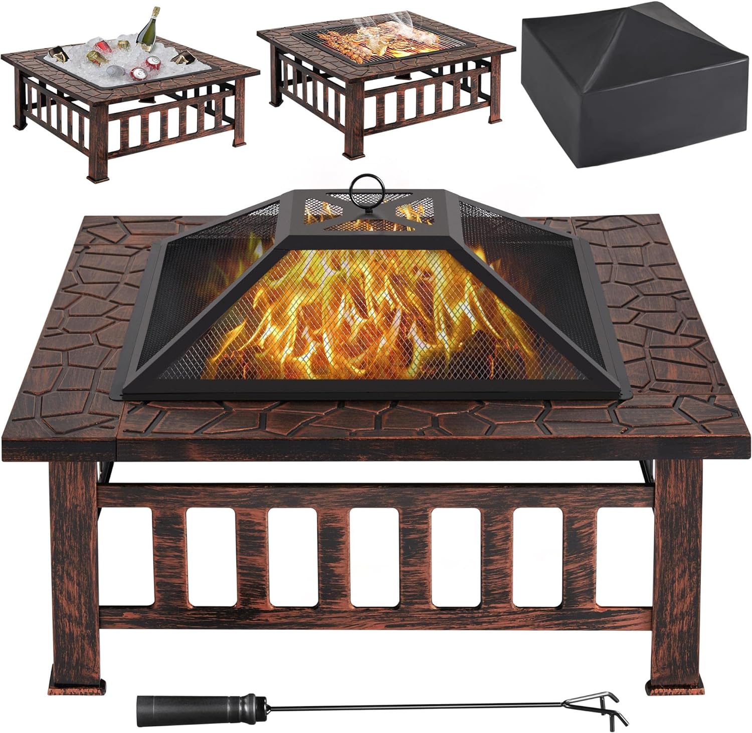 Yaheetech Multifunctional Fire Pit Table 32in Square Metal Firepit Stove Backyard Patio Garden Fireplace for Camping, Outdoor Heating, Bonfire and Picnic wourant