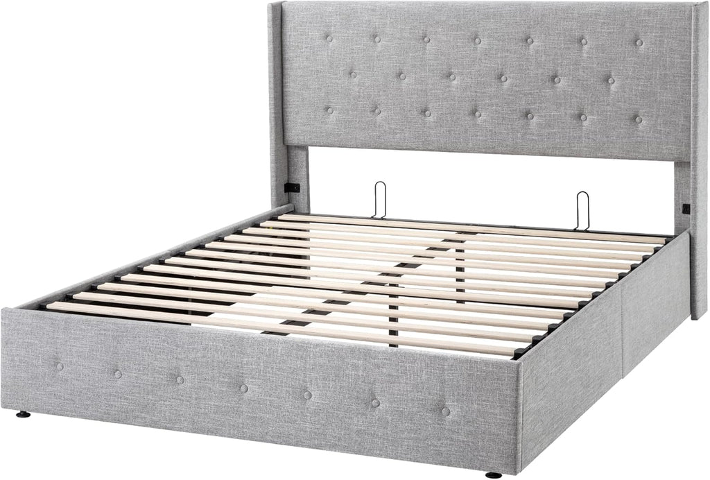 Allewie Queen Size Lift Up Storage Bed Modern Wingback Headboard Hydraulic Support wourant