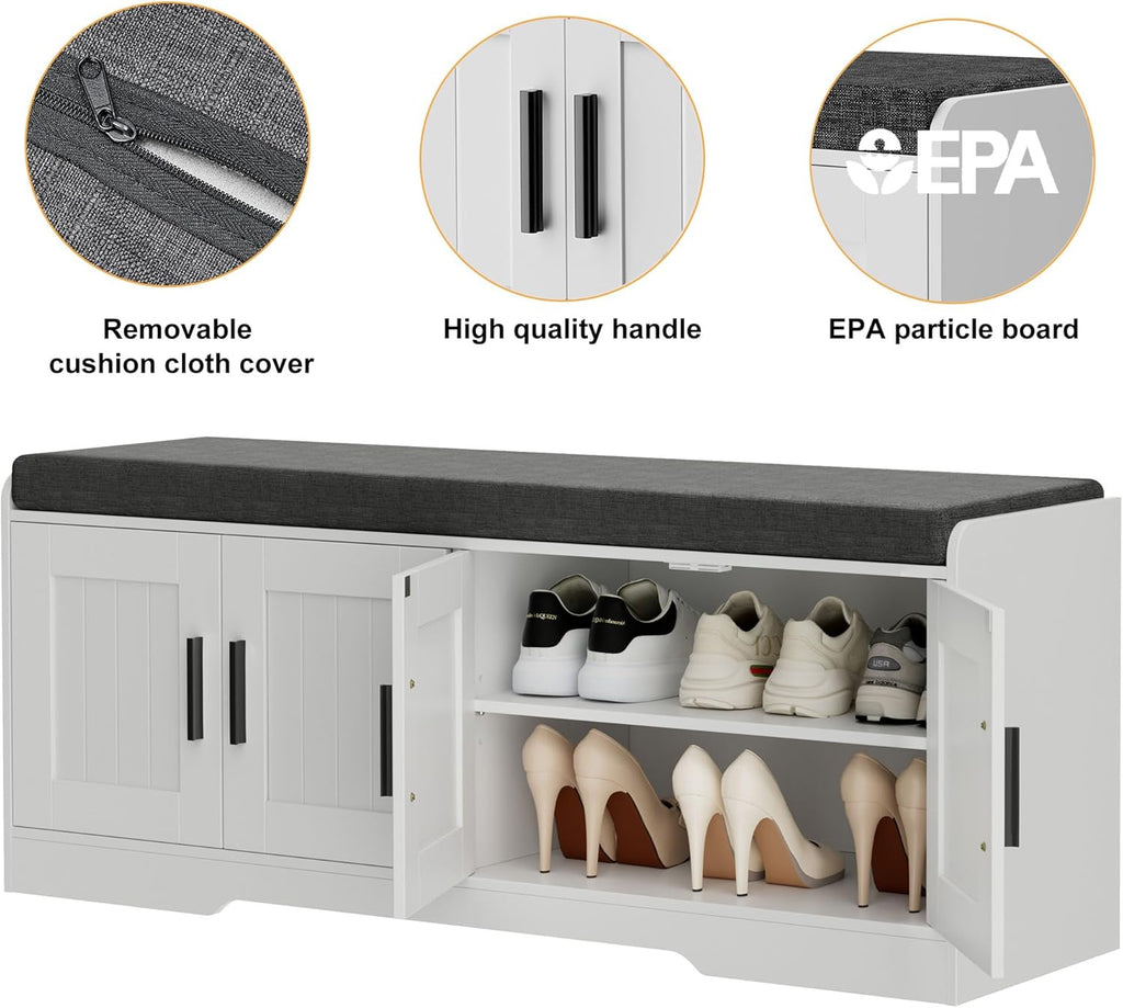 2-Tier Storage Bench, Shoe Bench with Thickened Padded Seat Cushion, Entryway Bench with 4 Doors, Adjustable Shelf wourant