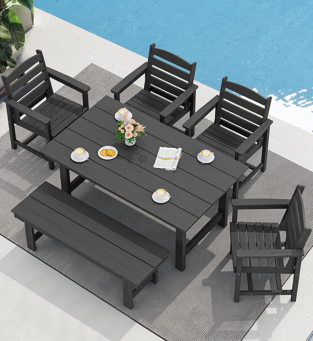 Outdoor HDPE Dining Table Set, 7-Piece Outdoor Dining Table Sets with Umbrella Hole Cut-Out Table and 6 Chairs wourant
