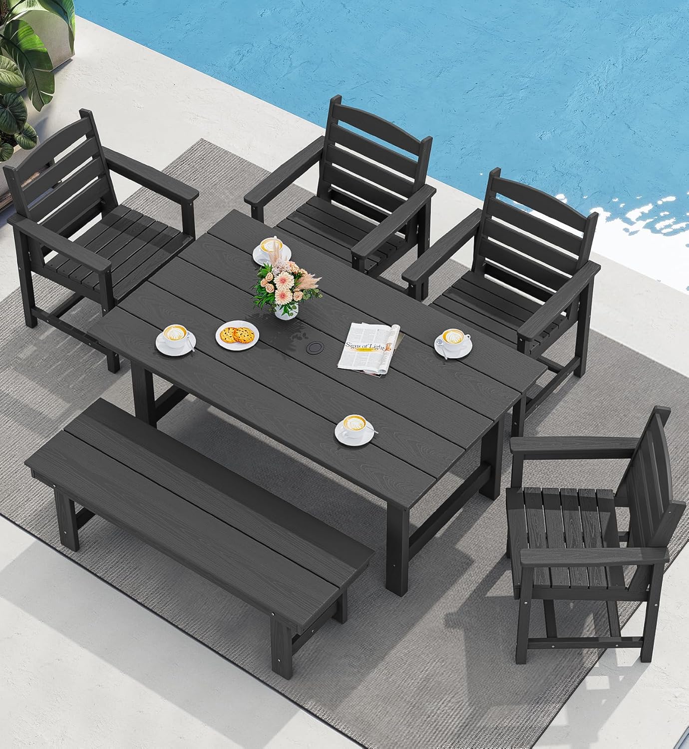 Outdoor HDPE Dining Table Set, 7-Piece Outdoor Dining Table Sets with Umbrella Hole Cut-Out Table and 6 Chairs wourant