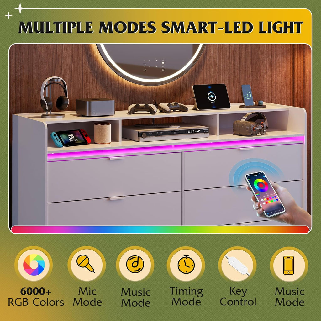 9 Drawer Led Dresser for Bedroom, 58.35'' Wide Wood Dresser Storage Organizer with Power Outlets for 65'' TV, Dressers with Open Shelves wourant