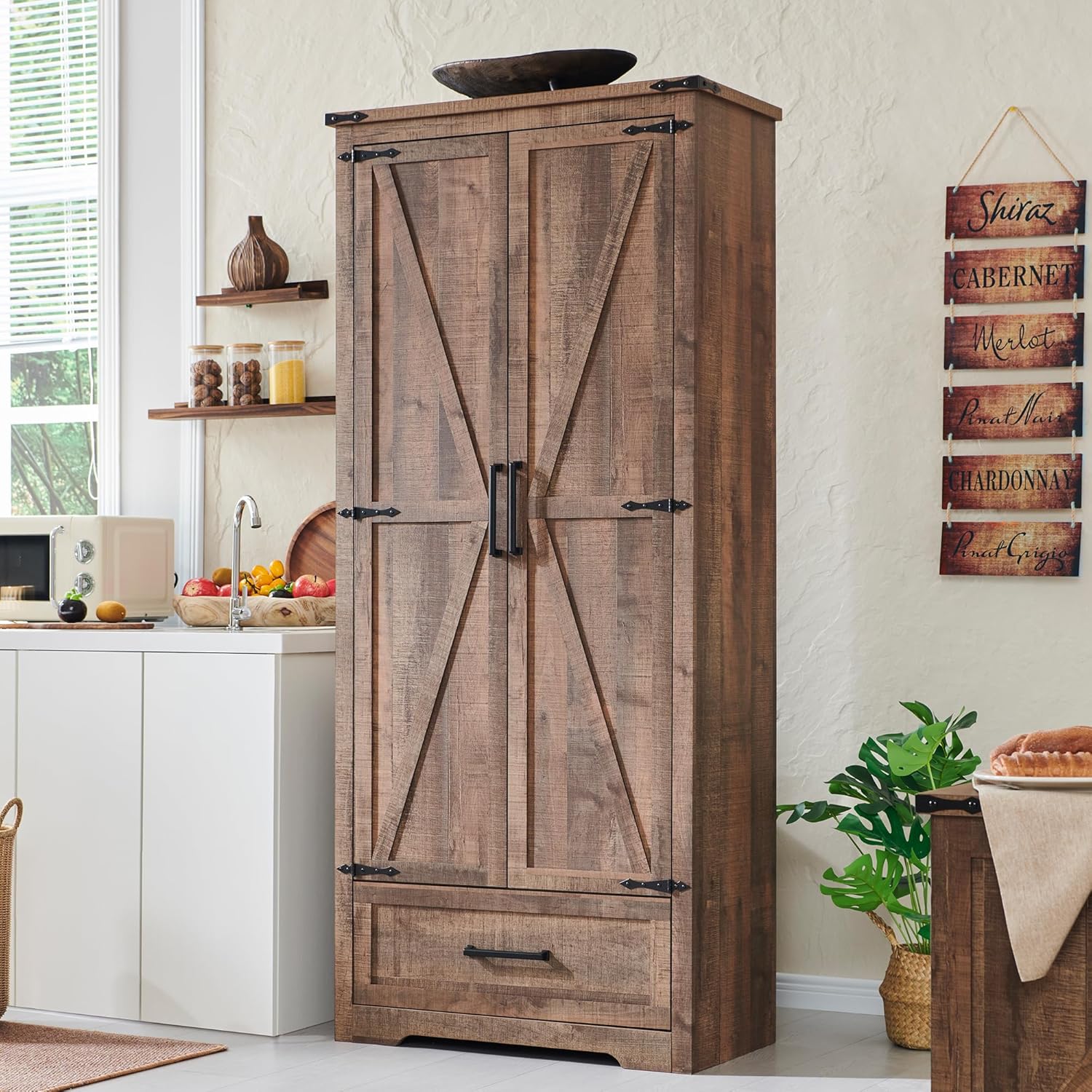 JXQTLINGMU Farmhouse Kitchen Pantry - 72" Tall Wood Kitchen Storage Cabinet with Adjustable Shelves and 2 Barn-Style Doors and Drawers wourant