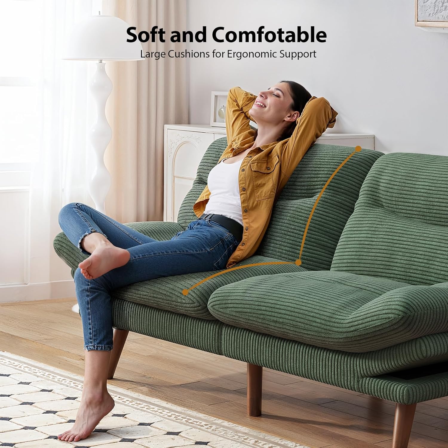 Pipishell Convertible Futon Sofa Bed,66" Corduroy Futon Couch with Adjustable Backrest and Armrests, Recliner Sleeper Sofa for Small Spaces, Play Room or Office, Grey wourant