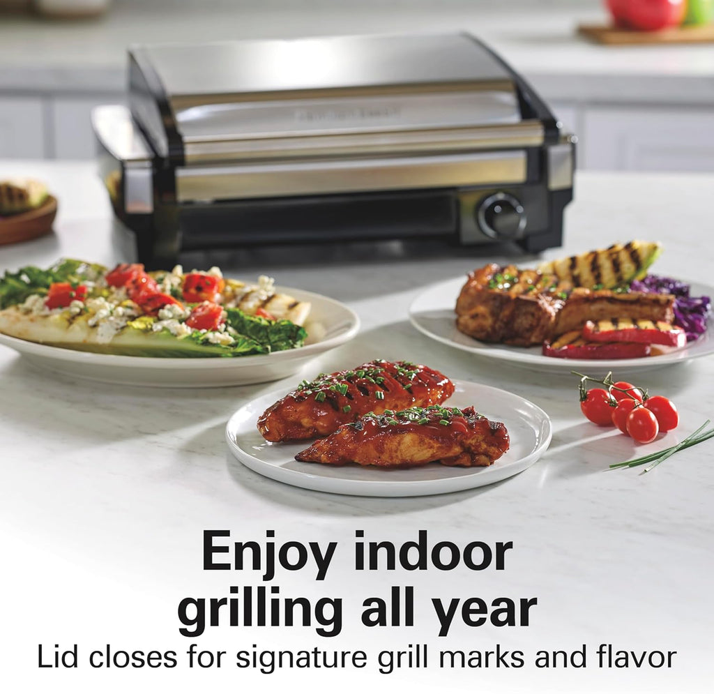 Indoor electric grill with viewing window, adjustable to 450°F, serves 6 people wourant