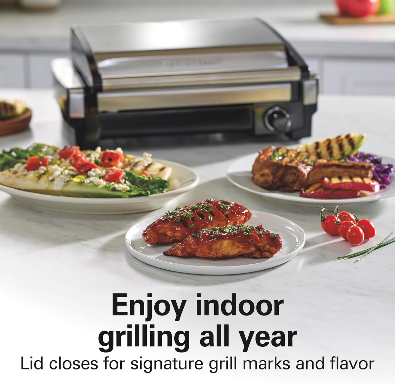 Indoor electric grill with viewing window, adjustable to 450°F, serves 6 people wourant