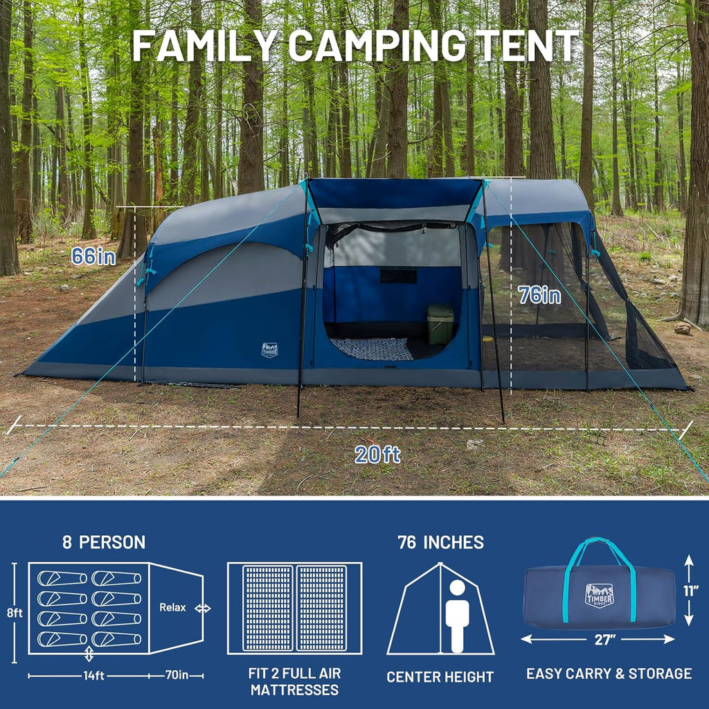 TIMBER RIDGE 8 Person Family Camping Tent with Screen Room, Double Layer Waterproof Weather Resistant Big Tunnel Tent with Rainfly Carry Bag, Large Family Tent for Outdoor Party 20ft x 8ft x 76in wourant