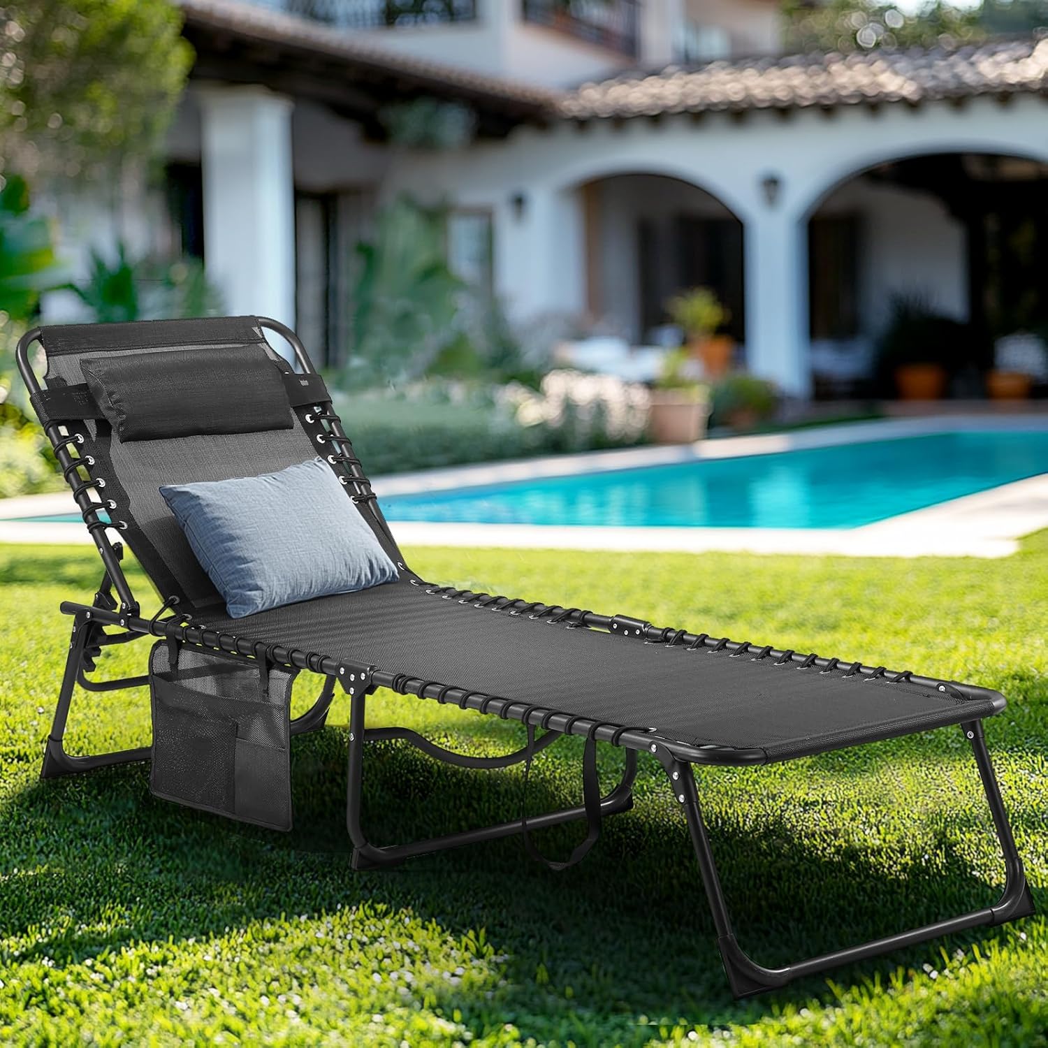 Unovivy Outdoor Chaise Lounge Chairs Set of 2, Portable Folding Pool Lounge Chair with 5-Position Reclining Back, Teslin Tanning Chair for Pool, Beach, Patio, Sunbathing wourant