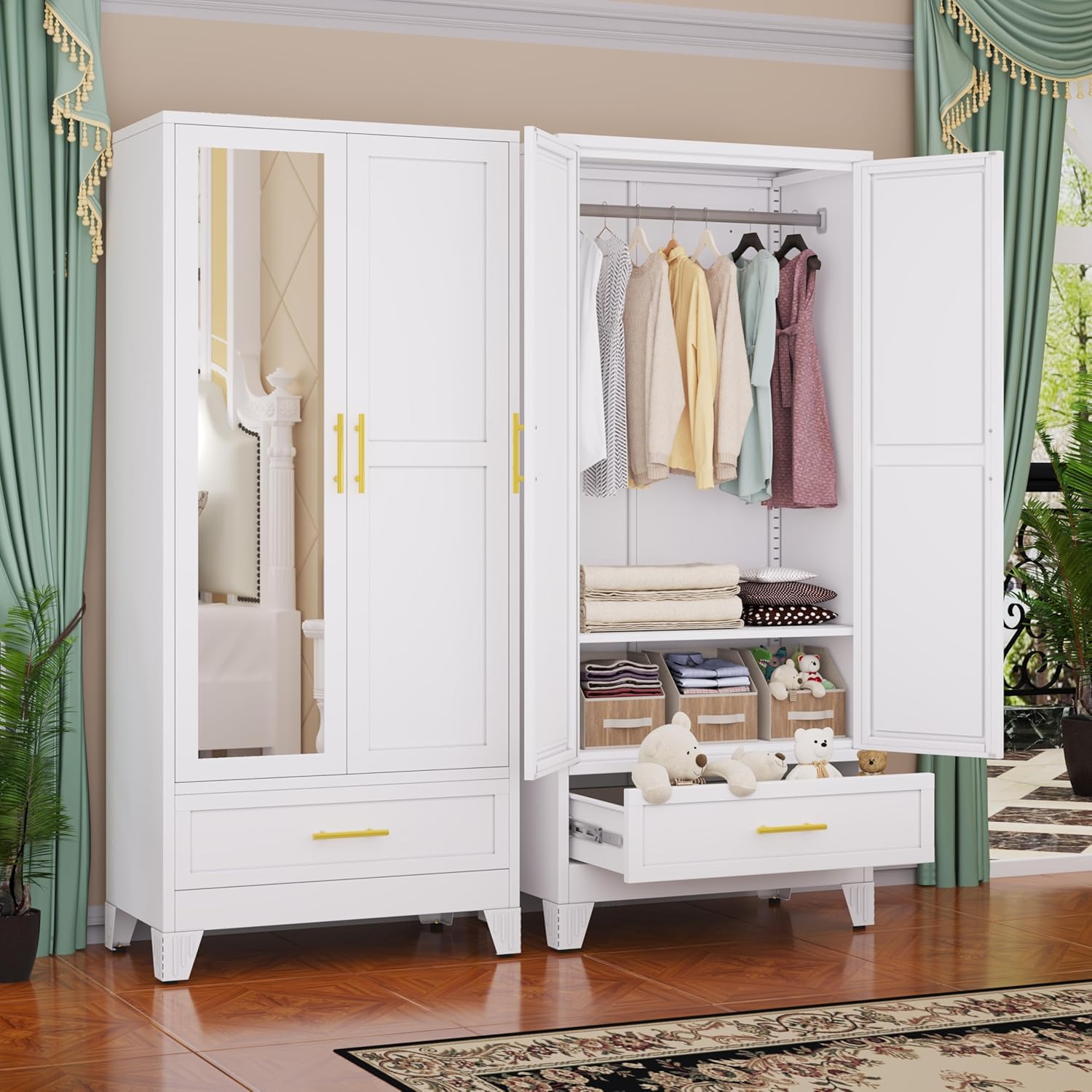 Steel Armoire Wardrobe Closet, 71" Metal Clothing Storage Cabinets wourant