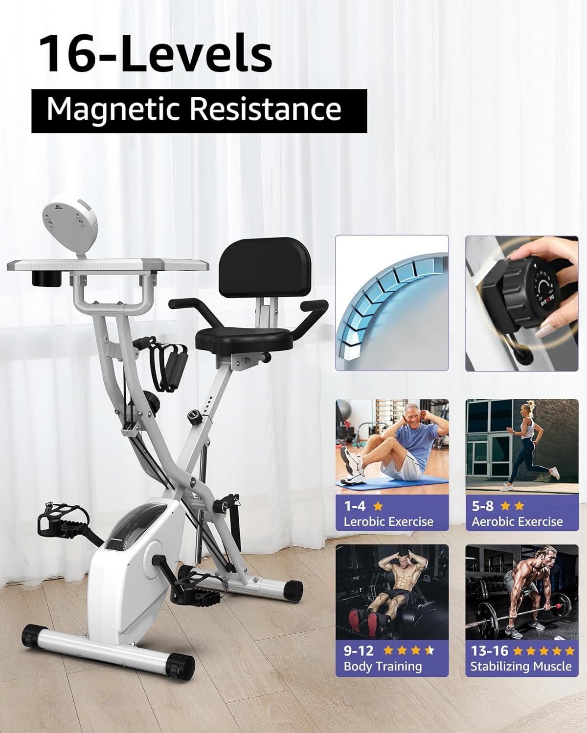 Foldable Exercise Bike Stationary Bikes for Home, 5 IN 1 Indoor Workout Bike, Cycling Bike with 16-Level Quiet Magnetic Resistance, 6.6 LBS Flywheel and 300LBS Capacity, 2025 Designed 817 X-bike wourant